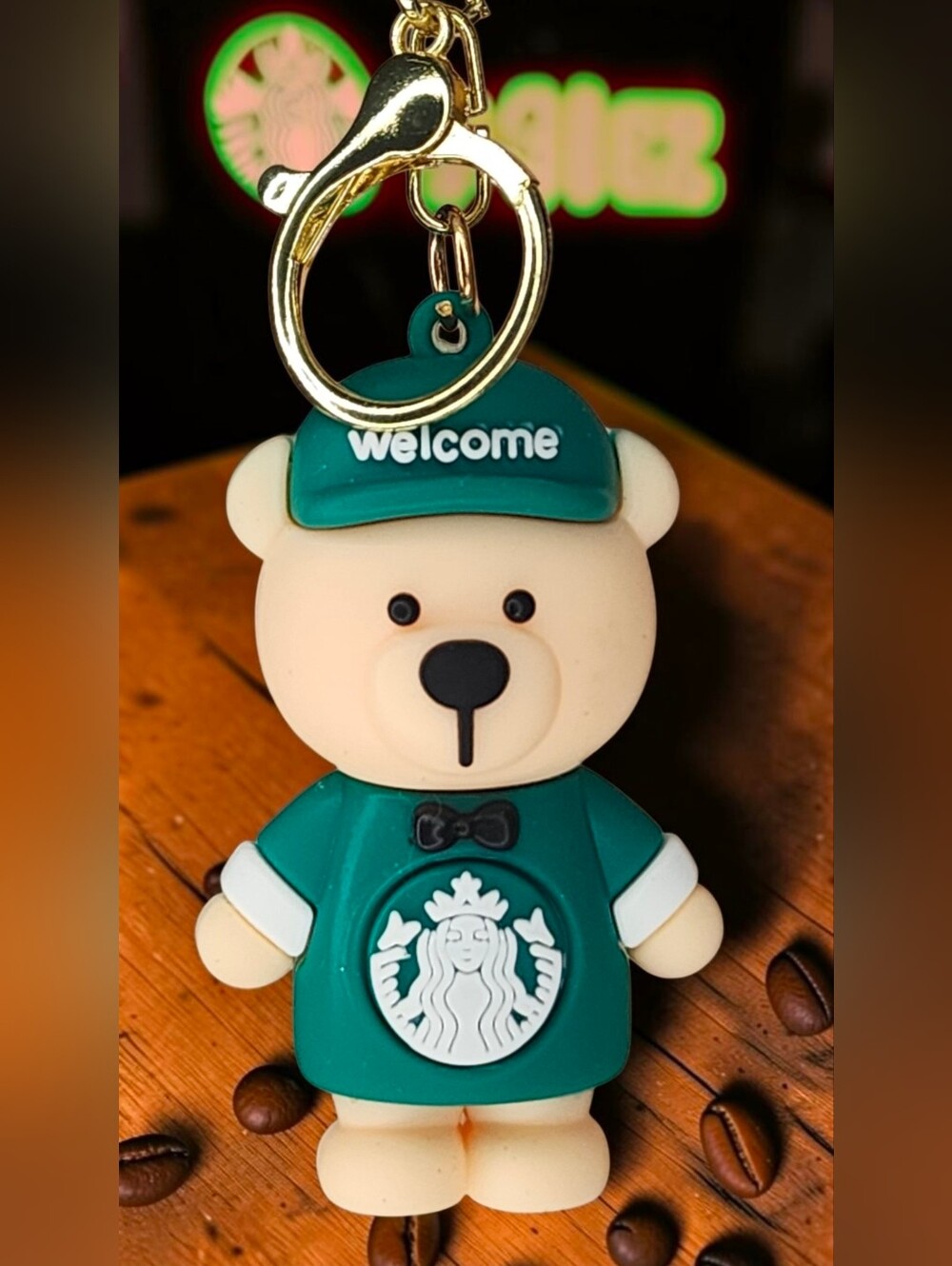 Starbucks Bear Keychain - Green "Welcome" Hat NWT